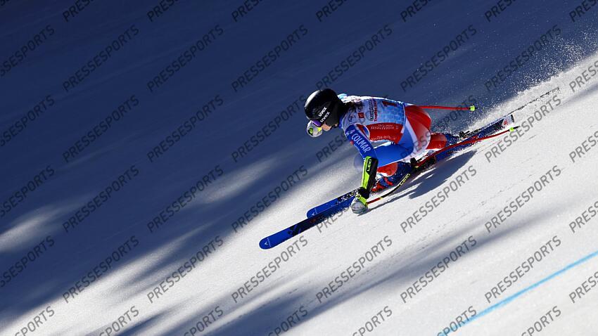 MERIBEL, FRANCE - APRIL 03-04: Romane Miradoli of Team France in action during the French Alpine Ski Championships Men's and Women's Super G on April 03-04, 2025 in Meribel, France. (Photo by Christophe Pallot/Agence Zoom) SUPER G FEMMES MERIBEL 
