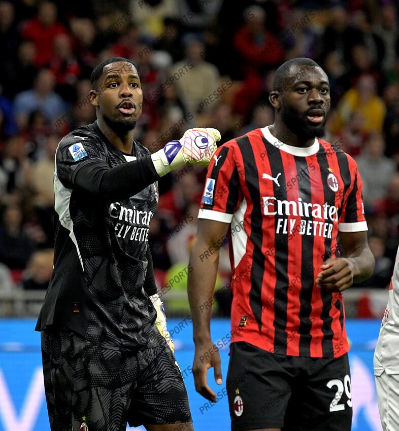 Foto IPP/Paolo Bona Milano 05/04//2025 Campionato Serie A di Calcio stagione 2024/2025 partita Milan-Fiorentina Nella foto Mike Maignan e Youssouf Fofana Italy Photo Press Worldwide Copyright AC MILAN-FIORENTINA (2-2) 