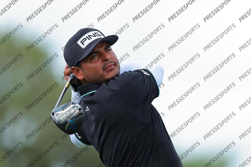 Apr 5, 2025; Miami, Florida, USA; Sebastian Munoz plays his shot from the third tee during the second round of the LIV Golf Miami golf tournament at Trump National Doral. Mandatory Credit: Sam Navarro-Imagn Images Golf: LIV Golf Miami - Second Round 