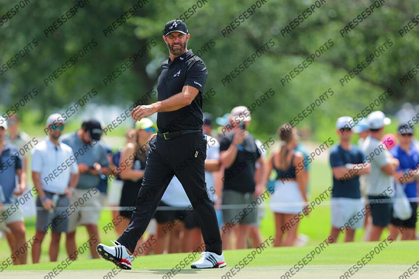 Apr 5, 2025; Miami, Florida, USA; Dustin Johnson looks on from the second green during the second round of the LIV Golf Miami golf tournament at Trump National Doral. Mandatory Credit: Sam Navarro-Imagn Images Golf: LIV Golf Miami - Second Round 