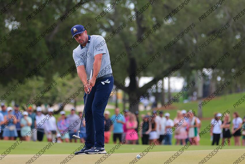 Apr 5, 2025; Miami, Florida, USA; Bryson DeChambeau putts on the second green during the second round of the LIV Golf Miami golf tournament at Trump National Doral. Mandatory Credit: Sam Navarro-Imagn Images Golf: LIV Golf Miami - Second Round 
