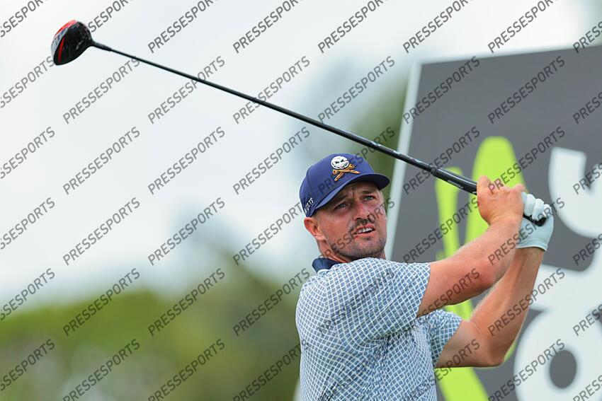 Apr 5, 2025; Miami, Florida, USA; Bryson DeChambeau plays his shot from the third tee during the second round of the LIV Golf Miami golf tournament at Trump National Doral. Mandatory Credit: Sam Navarro-Imagn Images Golf: LIV Golf Miami - Second Round 