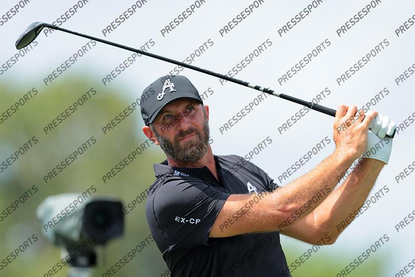 Apr 5, 2025; Miami, Florida, USA; Dustin Johnson plays his shot from the third tee during the second round of the LIV Golf Miami golf tournament at Trump National Doral. Mandatory Credit: Sam Navarro-Imagn Images Golf: LIV Golf Miami - Second Round 