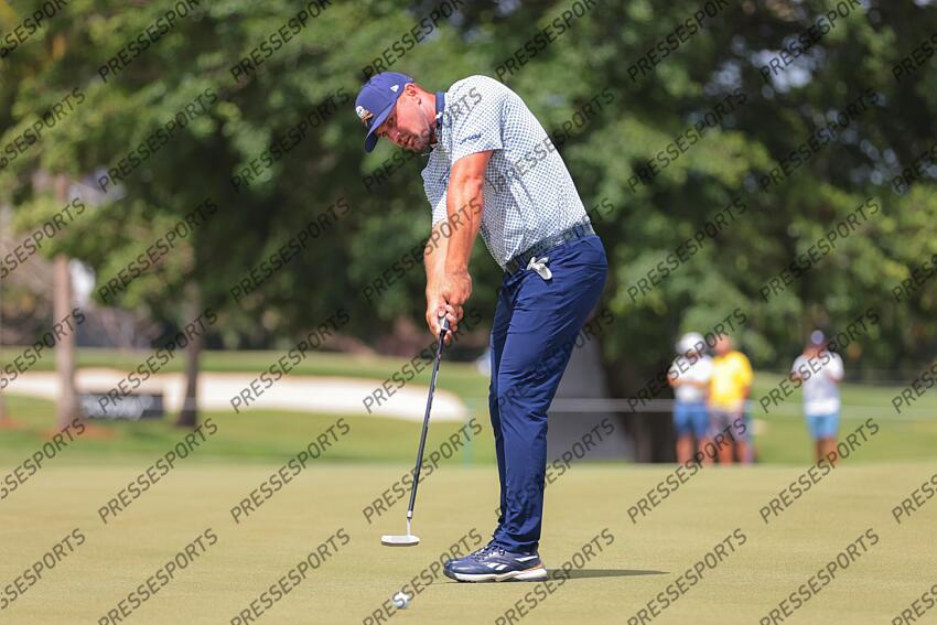 Apr 5, 2025; Miami, Florida, USA; Bryson DeChambeau putts on the third green during the second round of the LIV Golf Miami golf tournament at Trump National Doral. Mandatory Credit: Sam Navarro-Imagn Images Golf: LIV Golf Miami - Second Round 