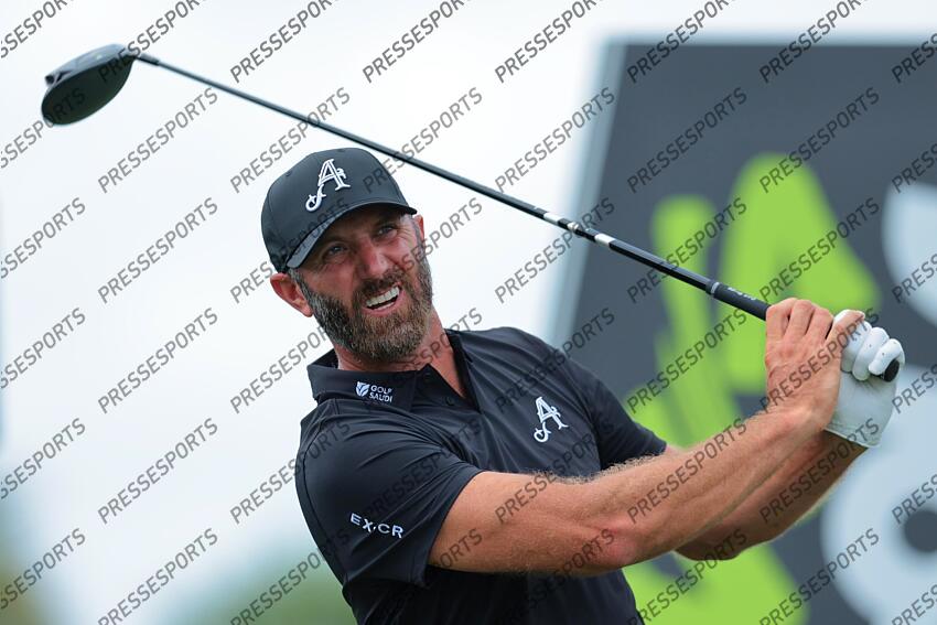 Apr 5, 2025; Miami, Florida, USA; Dustin Johnson plays his shot from the fifth tee during the second round of the LIV Golf Miami golf tournament at Trump National Doral. Mandatory Credit: Sam Navarro-Imagn Images Golf: LIV Golf Miami - Second Round 