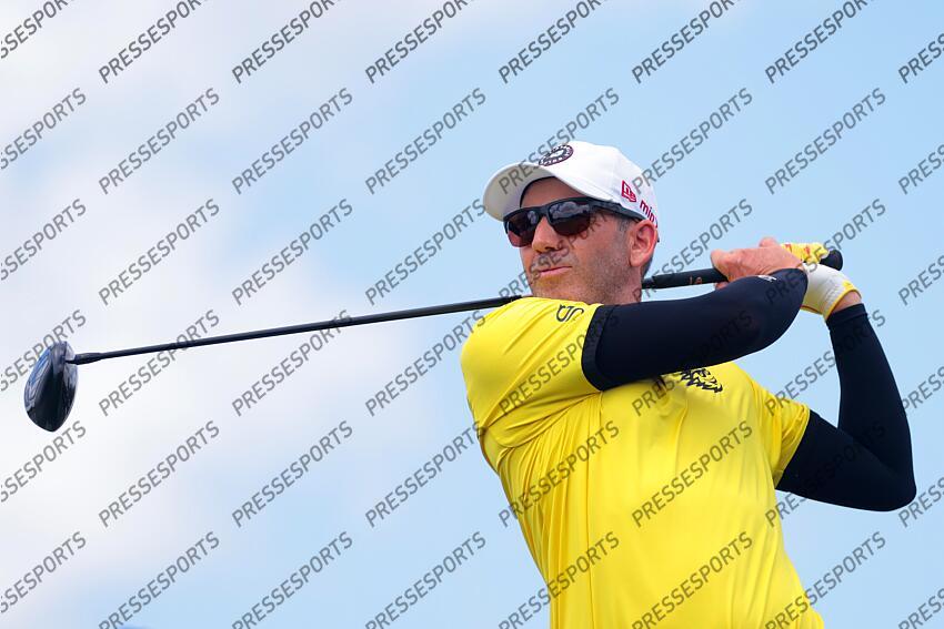 Apr 5, 2025; Miami, Florida, USA; Sergio Garcia plays his shot from the eighth tee during the second round of the LIV Golf Miami golf tournament at Trump National Doral. Mandatory Credit: Sam Navarro-Imagn Images Golf: LIV Golf Miami - Second Round 