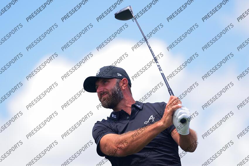 Apr 5, 2025; Miami, Florida, USA; Dustin Johnson plays his shot from the eighth tee during the second round of the LIV Golf Miami golf tournament at Trump National Doral. Mandatory Credit: Sam Navarro-Imagn Images Golf: LIV Golf Miami - Second Round 