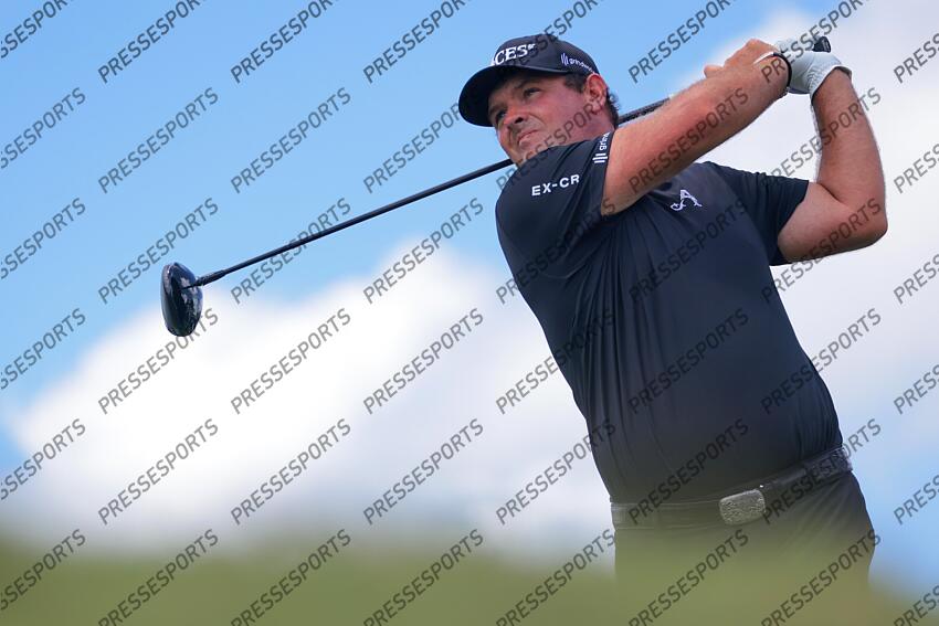 Apr 5, 2025; Miami, Florida, USA; Patrick Reed plays his shot from the eighth tee during the second round of the LIV Golf Miami golf tournament at Trump National Doral. Mandatory Credit: Sam Navarro-Imagn Images Golf: LIV Golf Miami - Second Round 