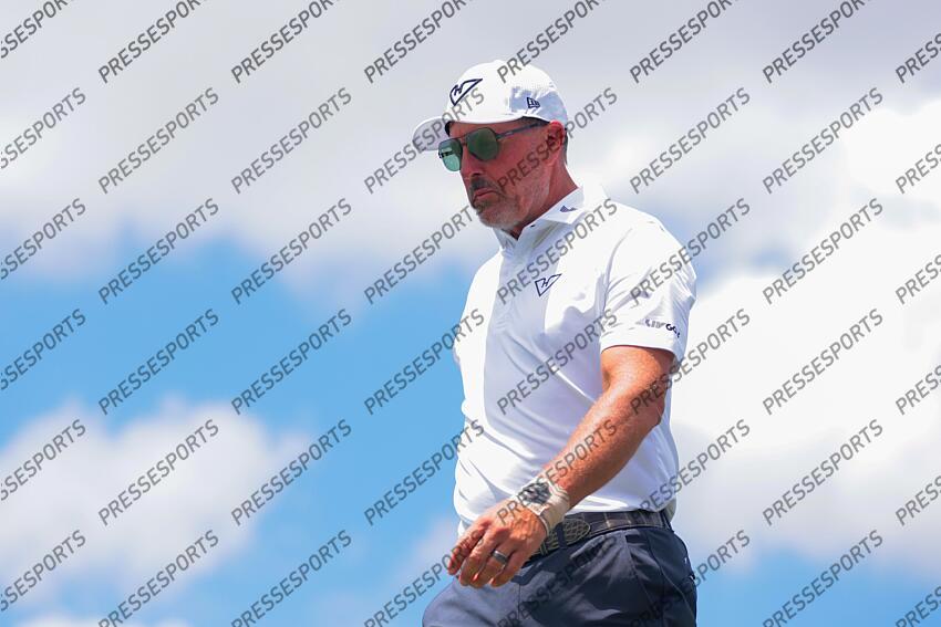 Apr 5, 2025; Miami, Florida, USA; Phil Mickelson looks on after playing his shot from the eighth tee during the second round of the LIV Golf Miami golf tournament at Trump National Doral. Mandatory Credit: Sam Navarro-Imagn Images Golf: LIV Golf Miami - Second Round 