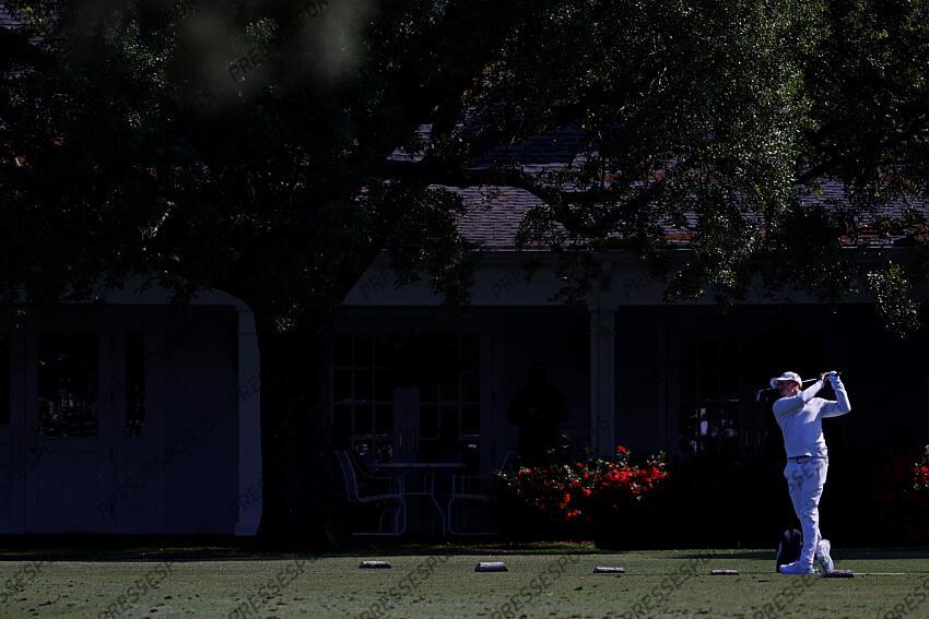 Apr 9, 2025; Augusta, Georgia, USA; Matt Fitzpatrick plays on the practice range during a practice round for the Masters Tournament at Augusta National Golf Club. Mandatory Credit: Peter Casey-Imagn Images PGA: Masters Tournament - Practice Round 