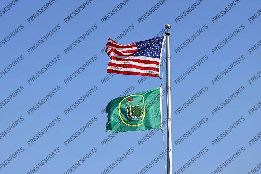 Apr 9, 2025; Augusta, Georgia, USA; The American and Masters flags are flown at the practice range during a practice round for the Masters Tournament at Augusta National Golf Club. Mandatory Credit: Peter Casey-Imagn Images PGA: Masters Tournament - Practice Round 