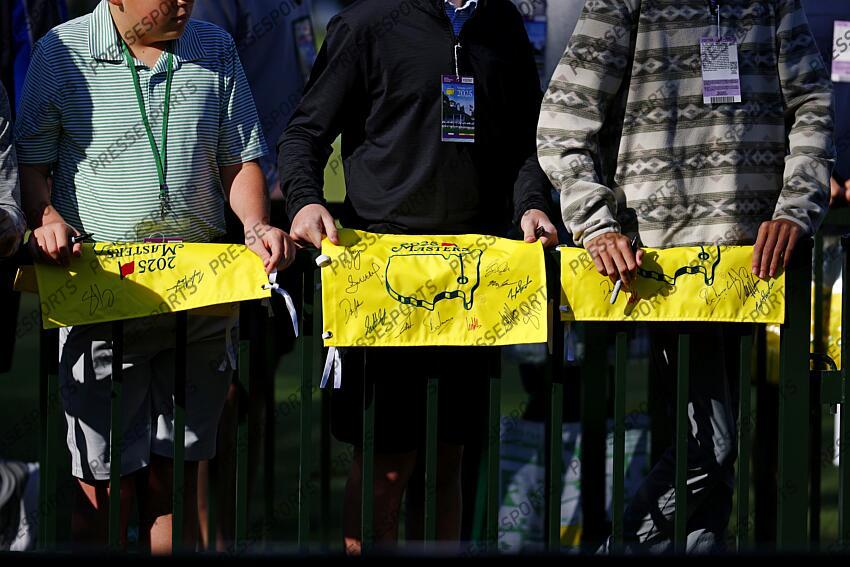 Apr 9, 2025; Augusta, Georgia, USA; Patrons wait for autographs at the practice range during a practice round for the Masters Tournament at Augusta National Golf Club. Mandatory Credit: Peter Casey-Imagn Images PGA: Masters Tournament - Practice Round 