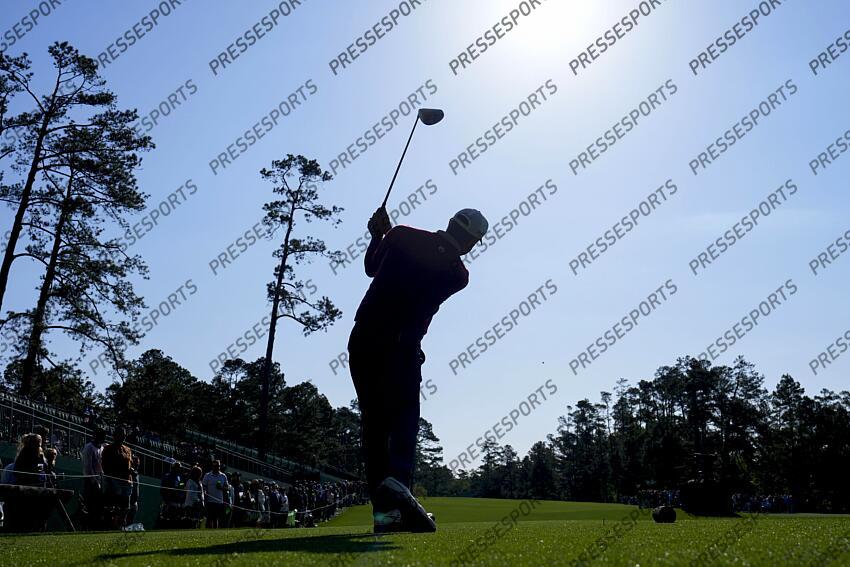 Apr 9, 2025; Augusta, Georgia, USA; Lucas Glover tees off on no. 14 during a practice round for the Masters Tournament at Augusta National Golf Club. Mandatory Credit: Katie Goodale-Imagn Images PGA: Masters Tournament - Practice Round 