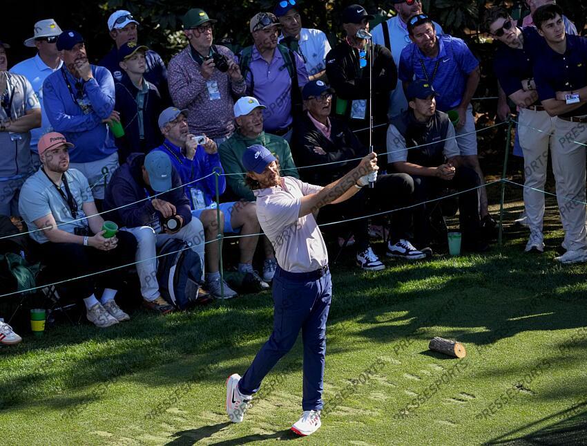 Apr 8, 2025; Augusta, Georgia, USA; Tommy Fleetwood tees off on no. 16 during a practice round for the Masters Tournament at Augusta National Golf Club. Mandatory Credit: Michael Madrid-Imagn Images PGA: Masters Tournament - Practice Round 