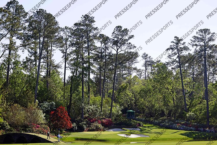 Apr 8, 2025; Augusta, Georgia, USA; Viktor Hovland crosses the Hogan Bridge to the 12th green during a practice round for the Masters Tournament at Augusta National Golf Club. Mandatory Credit: Peter Casey-Imagn Images PGA: Masters Tournament - Practice Round 
