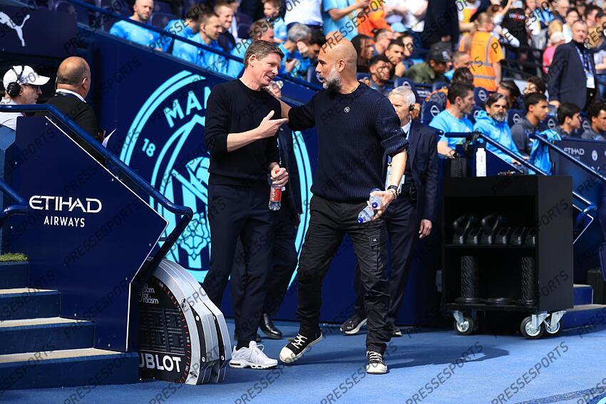 12th April 2025 - Premier League - Manchester City v Crystal Palace - Manchester City manager Pep Guardiola (R) greets Crystal Palace manager Oliver Glasner - Photo: Simon Stacpoole / Offside. MANCHESTER CITY-CRYSTAL PALACE (5-2) 