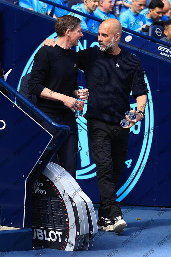 12th April 2025 - Premier League - Manchester City v Crystal Palace - Manchester City manager Pep Guardiola (R) greets Crystal Palace manager Oliver Glasner - Photo: Simon Stacpoole / Offside. MANCHESTER CITY-CRYSTAL PALACE (5-2) 