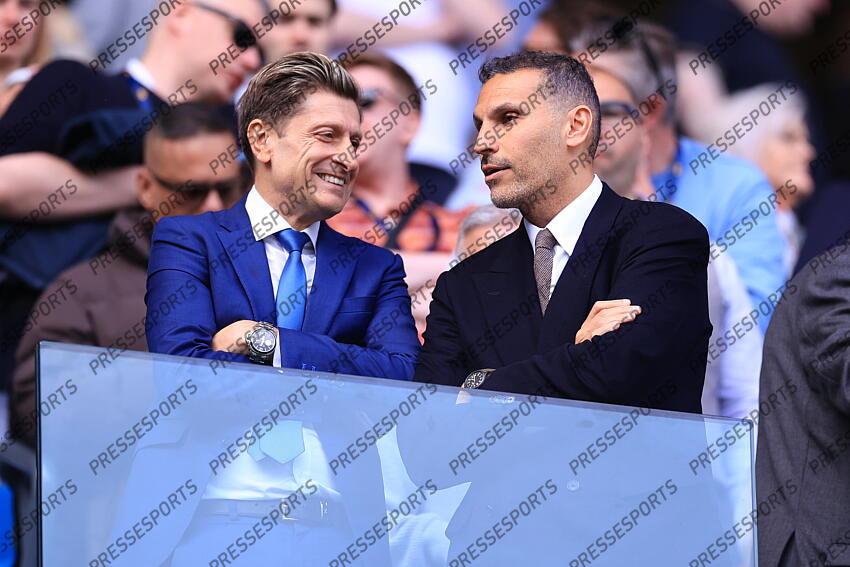 12th April 2025 - Premier League - Manchester City v Crystal Palace - Crystal Palace Chairman Steve Parish (L) talks to Manchester City chairman Khaldoon Al Mubarak - Photo: Simon Stacpoole / Offside. MANCHESTER CITY-CRYSTAL PALACE (5-2) 