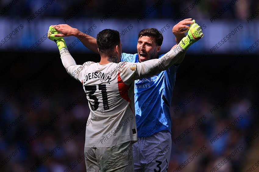 12th April 2025 - Premier League - Manchester City v Crystal Palace - Ruben Dias of Manchester City celebrates with Manchester City goalkeeper Ederson whose assist set up their 4th goal - Photo: Simon Stacpoole / Offside. MANCHESTER CITY-CRYSTAL PALACE (5-2) 
