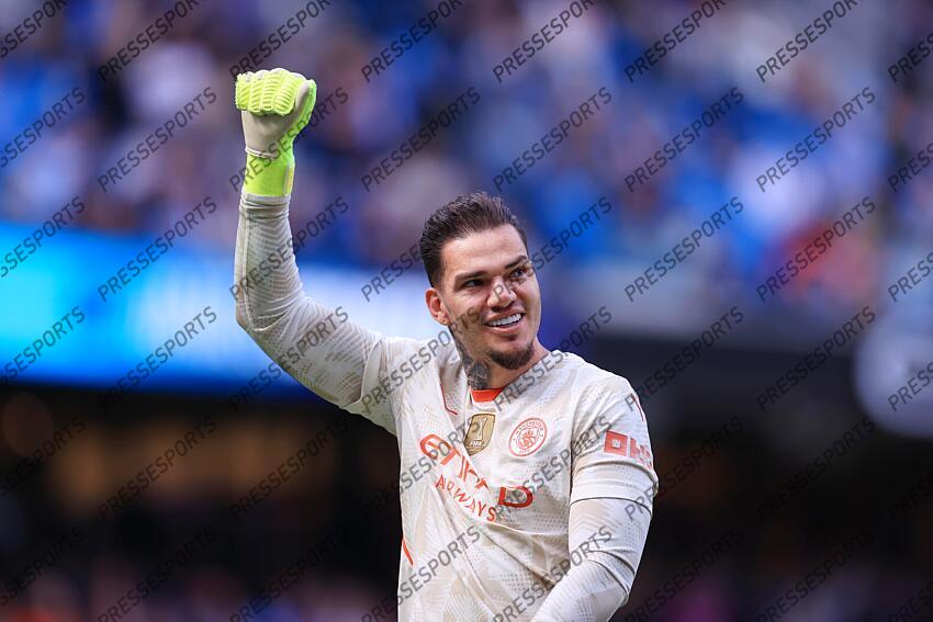 12th April 2025 - Premier League - Manchester City v Crystal Palace - Manchester City goalkeeper Ederson celebrates - Photo: Simon Stacpoole / Offside. MANCHESTER CITY-CRYSTAL PALACE (5-2) 