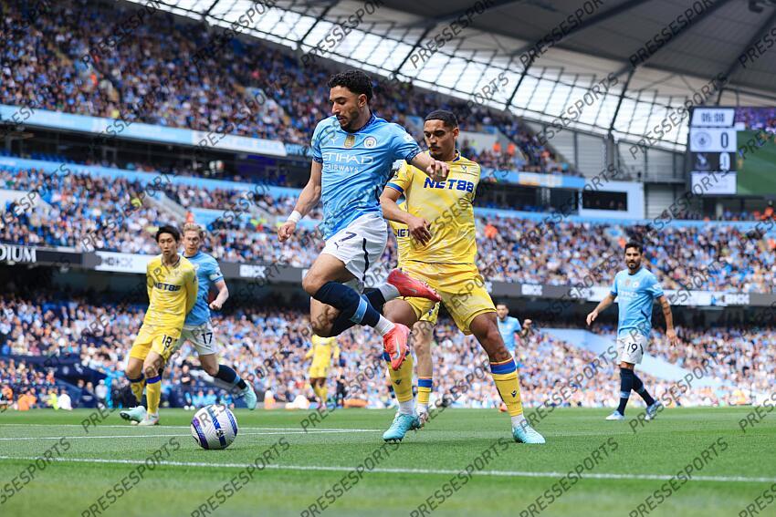 12th April 2025 - Premier League - Manchester City v Crystal Palace - Omar Marmoush of Manchester City skips past Maxence Lacroix of Crystal Palace - Photo: Simon Stacpoole / Offside. MANCHESTER CITY-CRYSTAL PALACE (5-2) 
