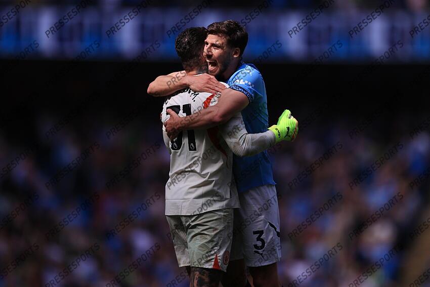 12th April 2025 - Premier League - Manchester City v Crystal Palace - Ruben Dias of Manchester City celebrates with Manchester City goalkeeper Ederson whose assist set up their 4th goal - Photo: Simon Stacpoole / Offside. MANCHESTER CITY-CRYSTAL PALACE (5-2) 