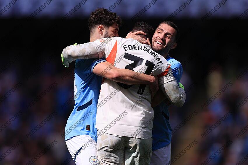 12th April 2025 - Premier League - Manchester City v Crystal Palace - Josko Gvardiol of Manchester City (L) and Mateo Kovacic of Manchester City (R) celebrate with Manchester City goalkeeper Ederson whose assist set up their 4th goal - Photo: Simon Stacpoole / Offside. MANCHESTER CITY-CRYSTAL PALACE (5-2) 