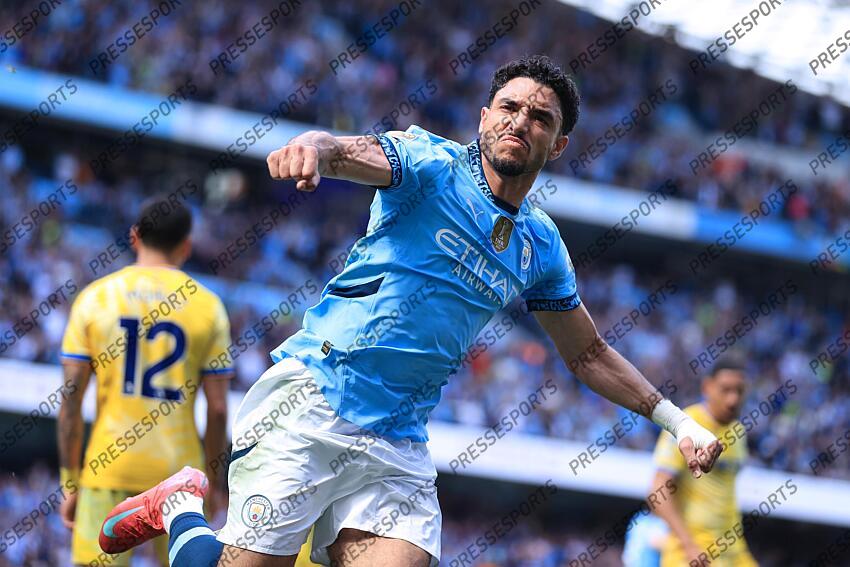 12th April 2025 - Premier League - Manchester City v Crystal Palace - Omar Marmoush of Manchester City celebrates after scoring their 2nd goal - Photo: Simon Stacpoole / Offside. MANCHESTER CITY-CRYSTAL PALACE (5-2) 