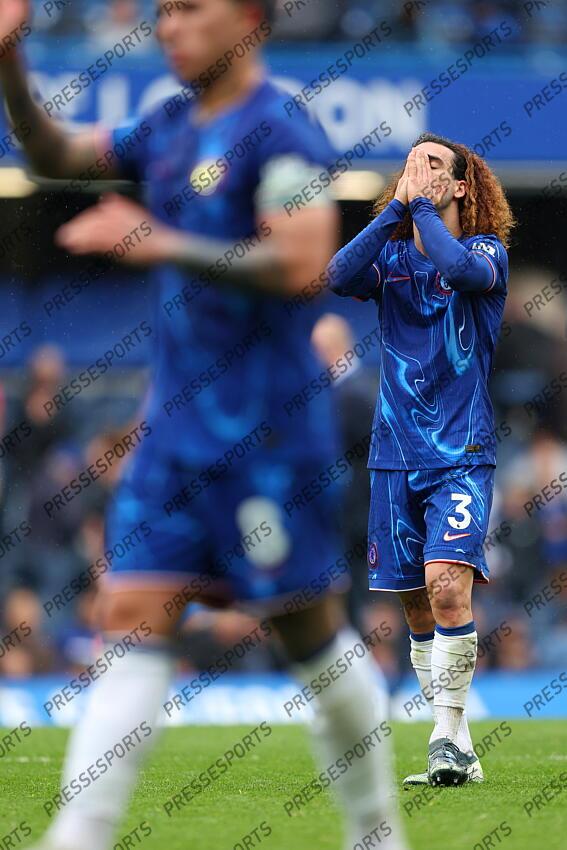 13 April 2025, London - Premier League Football - Chelsea v Ipswich Town - Marc Cucurella of Chelsea reacts after they draw with Ipswich - Photo: Charlotte Wilson / Offside. CHELSEA-IPSWICH (2-2) 