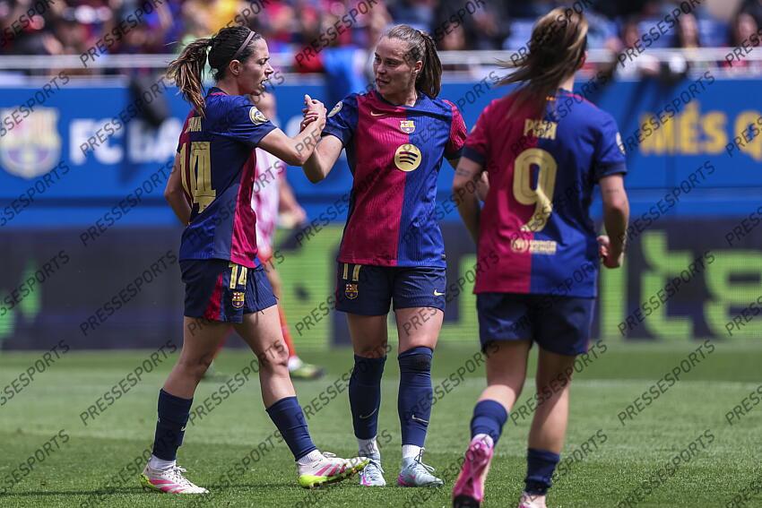Aitana Bonmati of FC Barcelona celebrates a goal witch Ewa Pajor during the Spanish Women league, Liga F, football match played between FC Barcelona and Atletico de Madrid at Johan Cruyff Stadium on April 13, 2025 in Sant Joan Despi, Spain. (F) FC BARCELONE-(F) ATLETICO MADRID (6-0) 
