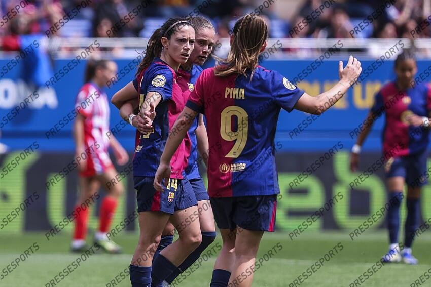 Aitana Bonmati of FC Barcelona celebrates a goal with her teammates during the Spanish Women league, Liga F, football match played between FC Barcelona and Atletico de Madrid at Johan Cruyff Stadium on April 13, 2025 in Sant Joan Despi, Spain. (F) FC BARCELONE-(F) ATLETICO MADRID (6-0) 