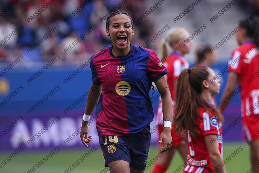 Vicky Lopez of FC Barcelona celebrates a goal during the Spanish Women league, Liga F, football match played between FC Barcelona and Atletico de Madrid at Johan Cruyff Stadium on April 13, 2025 in Sant Joan Despi, Spain. (F) FC BARCELONE-(F) ATLETICO MADRID (6-0) 