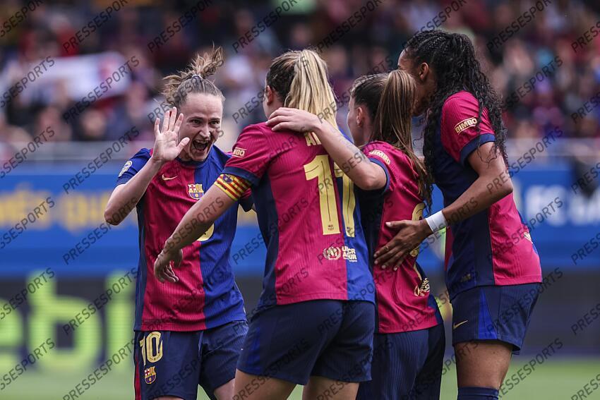 Caroline Graham Hansen of FC Barcelona celebrates a goal with her teammates during the Spanish Women league, Liga F, football match played between FC Barcelona and Atletico de Madrid at Johan Cruyff Stadium on April 13, 2025 in Sant Joan Despi, Spain. (F) FC BARCELONE-(F) ATLETICO MADRID (6-0) 