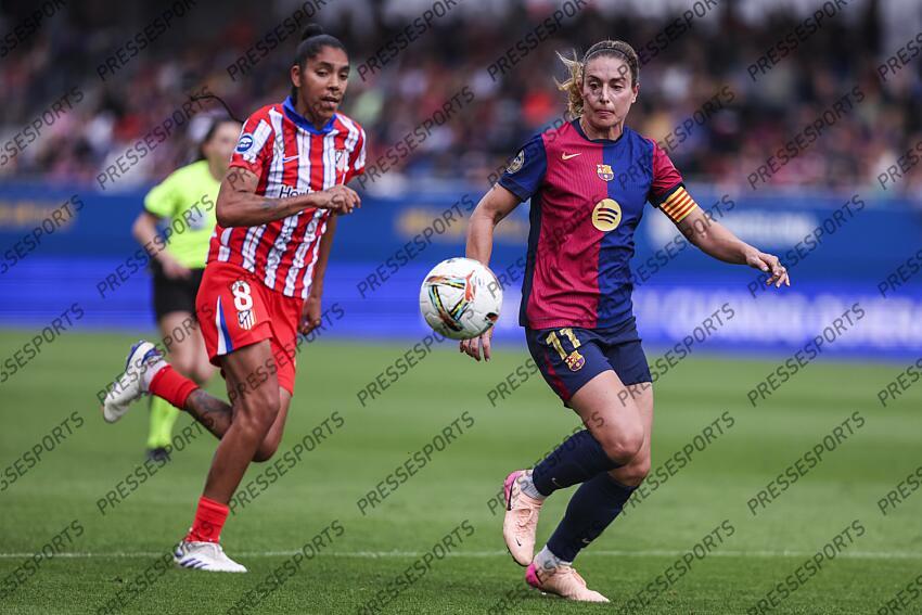 Alexia Putellas of FC Barcelona and Gaby Garcia of Atletico de Madrid in action during the Spanish Women league, Liga F, football match played between FC Barcelona and Atletico de Madrid at Johan Cruyff Stadium on April 13, 2025 in Sant Joan Despi, Spain. (F) FC BARCELONE-(F) ATLETICO MADRID (6-0) 