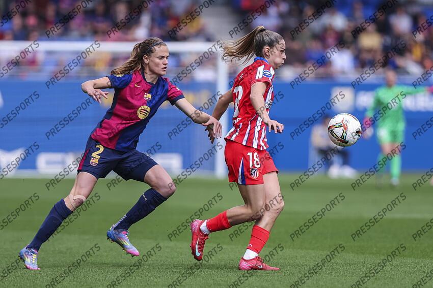 Gio Queiroz of Atletico de Madrid and Irene Paredes of FC Barcelona in action during the Spanish Women league, Liga F, football match played between FC Barcelona and Atletico de Madrid at Johan Cruyff Stadium on April 13, 2025 in Sant Joan Despi, Spain. (F) FC BARCELONE-(F) ATLETICO MADRID (6-0) 