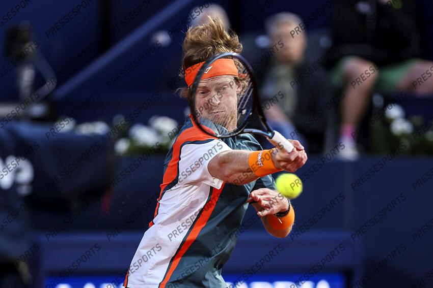 Andrey Rublev of Russia in actions against Albert Jesper De Jong of Netherlands during the first round tennis match of the Barcelona Open Banc Sabadell - Conde Godo 2025 Day 1 at Real Club De Tenis Barcelona on April 14, 2025 in Barcelona, Spain. OPEN DE BARCELONE 