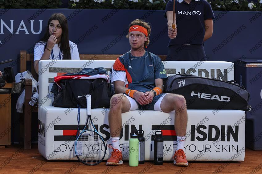 Andrey Rublev of Russia in actions against Albert Jesper De Jong of Netherlands during the first round tennis match of the Barcelona Open Banc Sabadell - Conde Godo 2025 Day 1 at Real Club De Tenis Barcelona on April 14, 2025 in Barcelona, Spain. OPEN DE BARCELONE 
