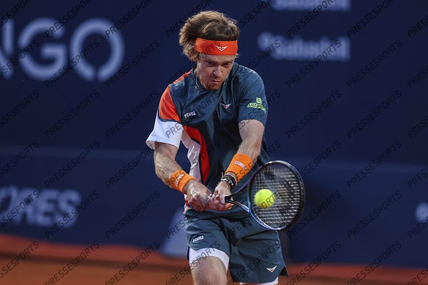 Andrey Rublev of Russia in actions against Albert Jesper De Jong of Netherlands during the first round tennis match of the Barcelona Open Banc Sabadell - Conde Godo 2025 Day 1 at Real Club De Tenis Barcelona on April 14, 2025 in Barcelona, Spain. OPEN DE BARCELONE 