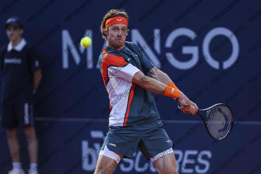 Andrey Rublev of Russia in actions against Albert Jesper De Jong of Netherlands during the first round tennis match of the Barcelona Open Banc Sabadell - Conde Godo 2025 Day 1 at Real Club De Tenis Barcelona on April 14, 2025 in Barcelona, Spain. OPEN DE BARCELONE 