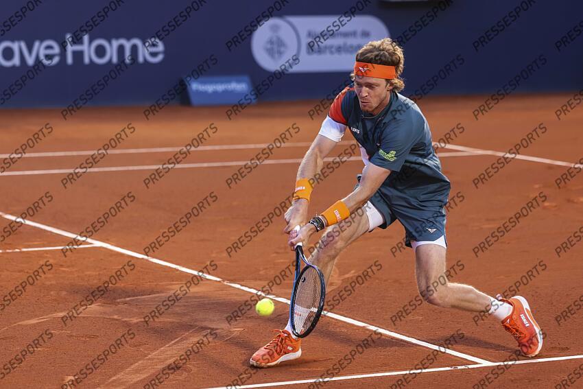 Andrey Rublev of Russia in actions against Albert Jesper De Jong of Netherlands during the first round tennis match of the Barcelona Open Banc Sabadell - Conde Godo 2025 Day 1 at Real Club De Tenis Barcelona on April 14, 2025 in Barcelona, Spain. OPEN DE BARCELONE 