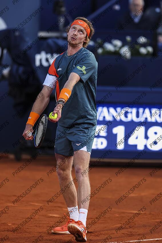 Andrey Rublev of Russia in actions against Albert Jesper De Jong of Netherlands during the first round tennis match of the Barcelona Open Banc Sabadell - Conde Godo 2025 Day 1 at Real Club De Tenis Barcelona on April 14, 2025 in Barcelona, Spain. OPEN DE BARCELONE 