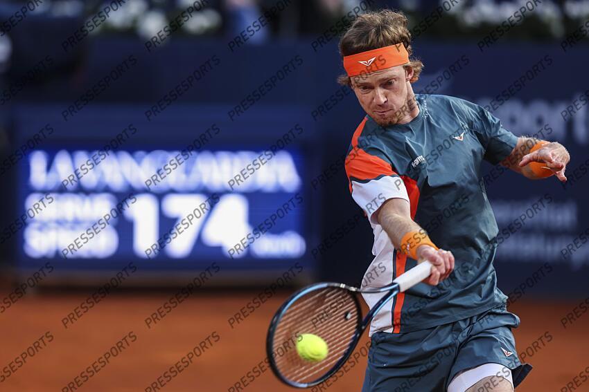Andrey Rublev of Russia in actions against Albert Jesper De Jong of Netherlands during the first round tennis match of the Barcelona Open Banc Sabadell - Conde Godo 2025 Day 1 at Real Club De Tenis Barcelona on April 14, 2025 in Barcelona, Spain. OPEN DE BARCELONE 