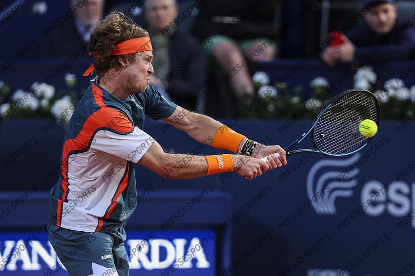Andrey Rublev of Russia in actions against Albert Jesper De Jong of Netherlands during the first round tennis match of the Barcelona Open Banc Sabadell - Conde Godo 2025 Day 1 at Real Club De Tenis Barcelona on April 14, 2025 in Barcelona, Spain. OPEN DE BARCELONE 
