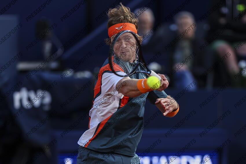 Andrey Rublev of Russia in actions against Albert Jesper De Jong of Netherlands during the first round tennis match of the Barcelona Open Banc Sabadell - Conde Godo 2025 Day 1 at Real Club De Tenis Barcelona on April 14, 2025 in Barcelona, Spain. OPEN DE BARCELONE 