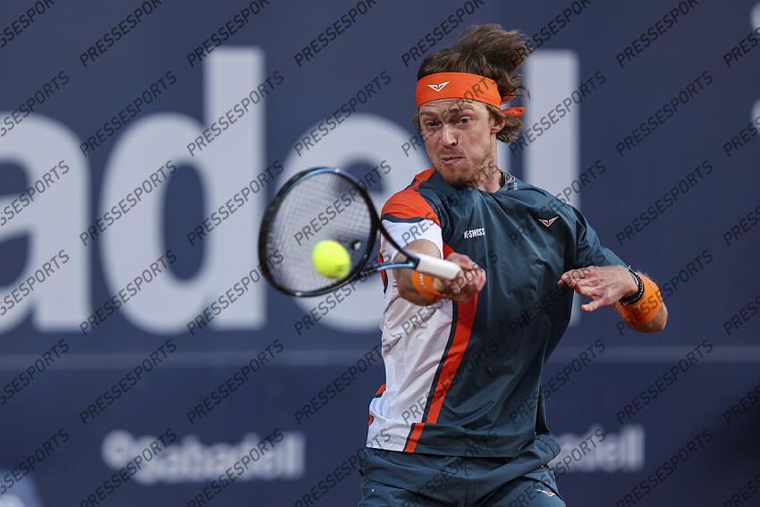 Andrey Rublev of Russia in actions against Albert Jesper De Jong of Netherlands during the first round tennis match of the Barcelona Open Banc Sabadell - Conde Godo 2025 Day 1 at Real Club De Tenis Barcelona on April 14, 2025 in Barcelona, Spain. OPEN DE BARCELONE 