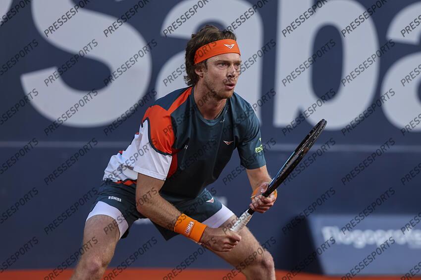 Andrey Rublev of Russia in actions against Albert Jesper De Jong of Netherlands during the first round tennis match of the Barcelona Open Banc Sabadell - Conde Godo 2025 Day 1 at Real Club De Tenis Barcelona on April 14, 2025 in Barcelona, Spain. OPEN DE BARCELONE 