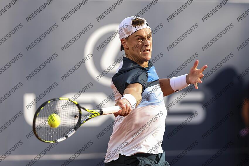 Holge Rune of Denmark in actions against Albert Ramos-Vinolas of Spain during the first round tennis match of the Barcelona Open Banc Sabadell - Conde Godo 2025 Day 1 at Real Club De Tenis Barcelona on April 14, 2025 in Barcelona, Spain. OPEN DE BARCELONE 