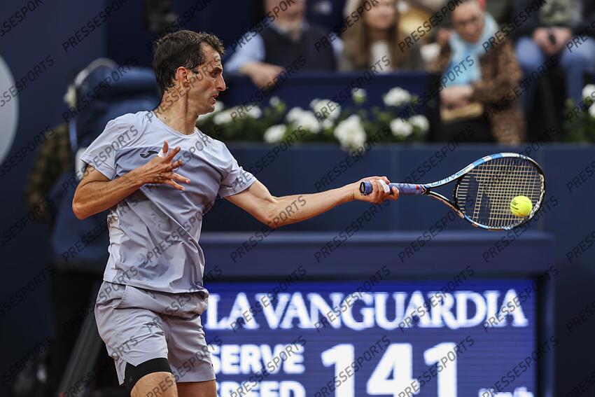 Albert Ramos-Vinolas of Spain in actions against Holge Rune of Denmark during the first round tennis match of the Barcelona Open Banc Sabadell - Conde Godo 2025 Day 1 at Real Club De Tenis Barcelona on April 14, 2025 in Barcelona, Spain. OPEN DE BARCELONE 