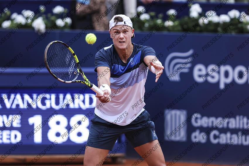 Holge Rune of Denmark in actions against Albert Ramos-Vinolas of Spain during the first round tennis match of the Barcelona Open Banc Sabadell - Conde Godo 2025 Day 1 at Real Club De Tenis Barcelona on April 14, 2025 in Barcelona, Spain. OPEN DE BARCELONE 