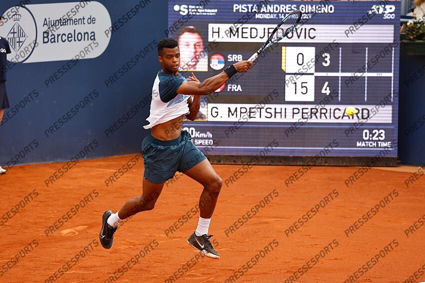 Giovanni Mpetshi Perricard (FRA), APRIL14, 2025 - Tennis : Perricard during singles 1st round match against Hamd Medjedvic on the Barcelona Open Banc Sabadell tennis tournament at the Real Club de Tenis de Barcelona in Barcelona, Spain. (Photo by Mutsu Kawamori/AFLO) OPEN DE BARCELONE 